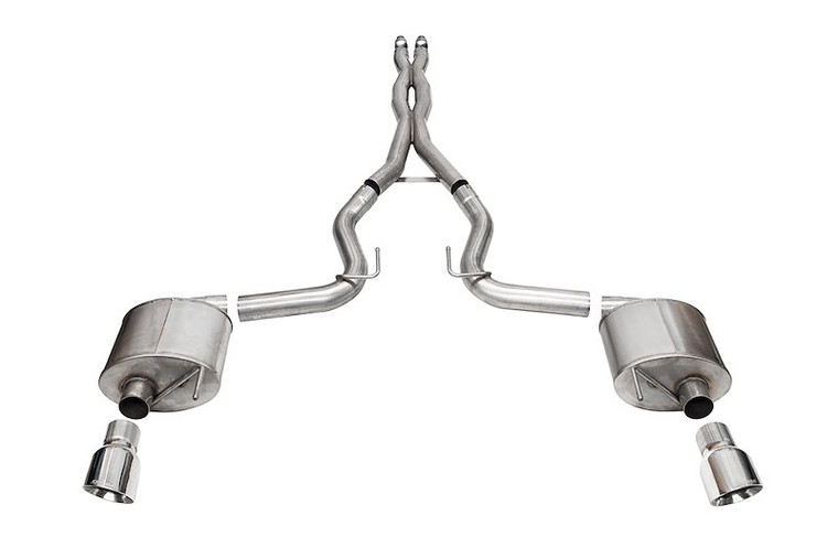 Fits 2024-2024 Ford Mustang Corsa Performance Exhaust System Kit 21254 Sport Cat Back System; 304 Stainless Steel; With Mufflers; 3 Inch Pipe Diameter; Dual Exhaust With Dual Exit; Dual Rear Exit; 4-1/2 Inch Pro-Series Polished Stainless Steel Tips