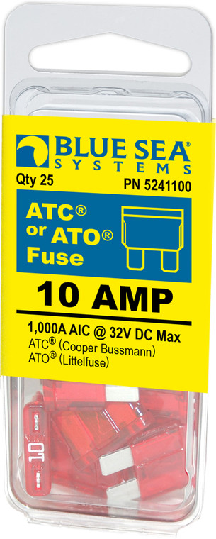 Blue Sea Fuse 5241100-BSS Blade Fuse; ATO/ATC; 10 Amps/32 Volts DC; Pack Of 25