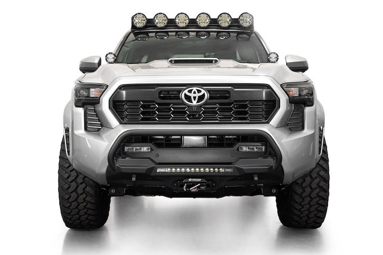 Fits 2024-2025 Toyota Tacoma Addictive Desert Designs Bumper F6703512601NA Stealth; One Piece Design; Direct-Fit; Center Section; Mounting Hardware Included; With Bull Bar; Without Winch Mount; With 20 Inch Light Bar; With Winch Mount