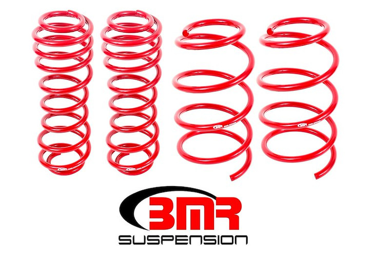 Fits 2005-2014 Ford Mustang BMR Suspension Lowering Kit SP068R Drag Race; 1.5 Inch Front/Rear Drop; Red; Shocks Not Included; With Four Lowering Springs