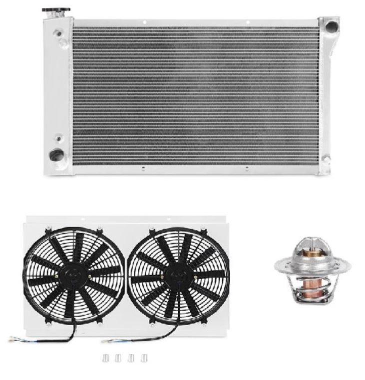 Mishimoto Radiator And Cooling Fan Assembly MMCPKG-CK-67 Three Core Rows; Crossflow; Aluminum Radiator; 1-1/2 Inch Inlet X 1-3/4 Inch Outlet; With Transmission Cooler; Thermostatic Control; With Radiator Filler Neck