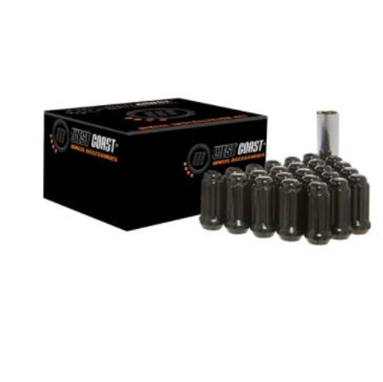 West Coast Wheel Accessories Wheel Installation Kit W5514STB 5 Lug Kit; 14 Millimeter x 1.5 Thread Size; 60 Degree Conical; Acorn Extra Long; Black; 1.90 Inch Overall Length; With 20 Lug Nuts And Lug Nut Socket Key