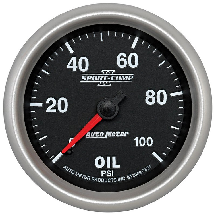 AutoMeter Gauge Oil Pressure 7621 Sport-Comp II; 2-5/8 Inch; Full Sweep Mechanical; Analog; 0-100 PSI; Black Face/Brushed Bezel/Orange Needle; White LED Illumination