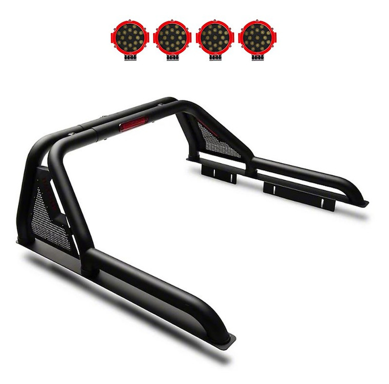 Black Horse Offroad Truck Bed Bar GLRB-03B-PLR Gladiator; 3 Inch Diameter Tube Style; Fits Up To 40 Inch Light Bar; With Third Brake Light; With Bed Rails; Powder Coated; Black; Steel