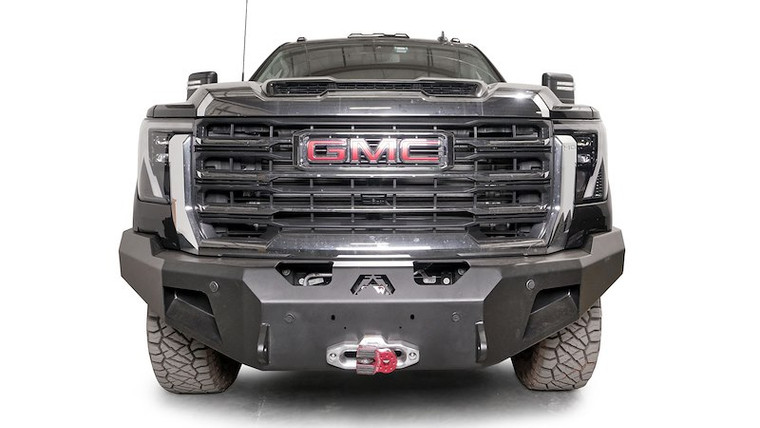 Fab Fours Bumper GM24-A6251-1 Premium; One Piece Design; Direct Fit; Mounting Hardware Included; Without Grille Guard; With Internal Winch Mount For 16 500 Pound Winch; With D-Ring Mounts; Powder Coated Black Steel; With Sensor