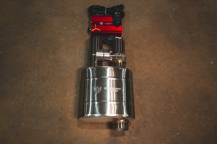 Valvetronic Design Exhaust Muffler UVM.63MM.DUALOUT.X1 Single 2-1/2 Inch Offset Inlet; Dual 2-1/2 Inch Offset Outlet; 17 Inch Overall Length