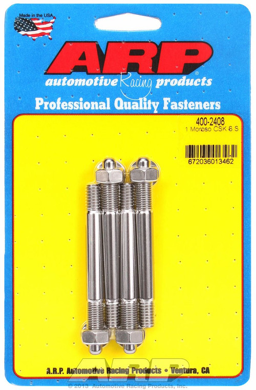 ARP Auto Racing Carburetor Stud Kit 400-2408 For Use With 1-1/4 Inch Moroso Spacer; 5/16 Inch Diameter; 3.2 Inch Overall Length; Stainless Steel; With Hex Nuts/Washers; Set Of 4