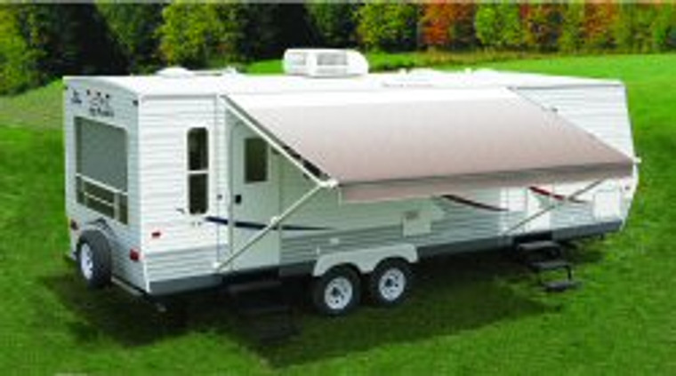 Carefree RV Awning EA216D00 Fiesta; Patio Awning; Spring Assisted; 21 Foot Length x 8 Foot Extension; Silver Shale Fade; Vinyl; White Weather Cover; White Casting; Adjustable Pitch; Required Arms Must Be Purchased Separately