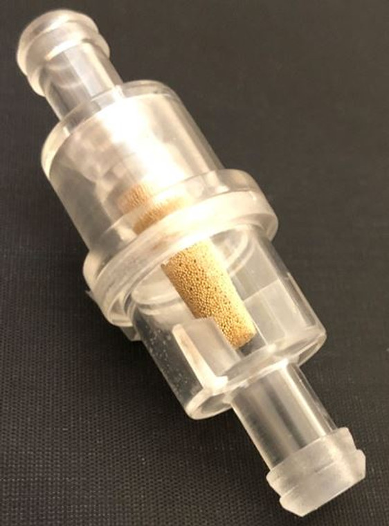 Helix Racing Fuel Filter 118-9018 Complete Assembly; In-Line; 5/16 Inch Inlet/Outlet; Small Cylinder Shape; 40 Micron Copper Pellet Sinter Element; Clear Housing; 720 To 740 Milliliter Per Minute Flow Rate; Single