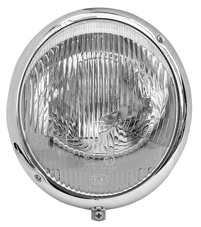 Fits 1950-1967 Volkswagen Beetle Hella Headlight Assembly 001149011 Halogen; H15/H7/PSY24W/W5W; Without Bulb; 12 Volt; ECE Approved; Single