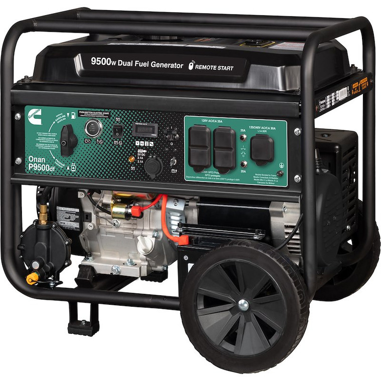 Cummins Power Generation Generator Power A074Z438 Onan P9500df; Portable; 13 Horsepower 420 CC OHV 4-Stroke Engine; Gasoline/Propane; 6.6 Gallon Tank Capacity; 120/240 Volt AC; 30 Amp; 60 Hertz; 16 Hours Run Time; EPA/CARB Certified; EPA Certified