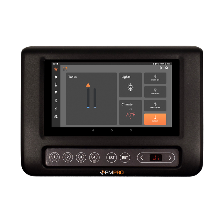 BMPRO RV Control System RVMC201B RVMaster; Used To Control Lighting/Slide-Outs/Awnings/Climate/Generators And Monitor Water Tanks/Temperature/Tire Pressure/Battery/LPG; 4G Network SIM Card Needed And WiFi Connectivity; Wall Mount