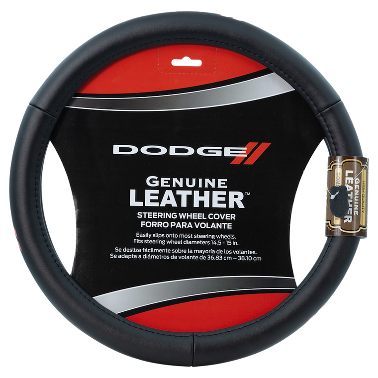 Plasticolor Steering Wheel Cover 006790R01 For 14-1/2 To 15 Inch Wheels; Dodge Logo; Black; Leather