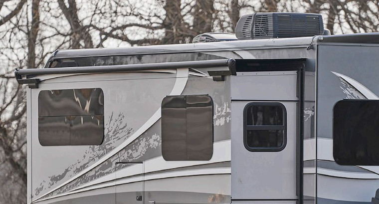 Velarium Awning VSTK09000000 Slide Out Awning; Automatically Extends/Retracts With The Slide Out; 90 Inch Slider Length x 48 Inch Extension; Flange Size Range 80 To 85.75 Inches; 85 Inch Fabric Width; Black; Vinyl; Without Weather Cover