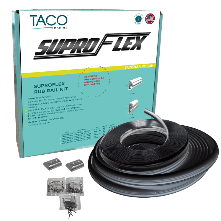 Taco Boat Rub Rail V11-9993BBK60-2 SuproFlex; 60 Feet Length; 1-1/4 Inch Thickness; Flexible; Black; Vinyl; Single; With Vinyl Insert/Stainless Steel End Cap/Screws