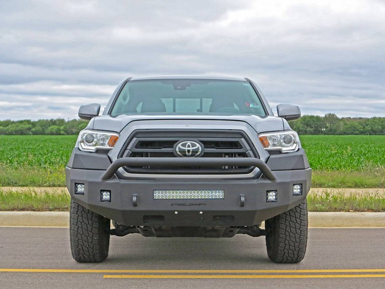 Fits 2016-2023 Toyota Tacoma Steelcraft Bumper 71-13420HP Fortis; One Piece Design; Direct Fit; Mounting Hardware Included; With Bull Bar; Without Winch Mount; With D-Ring Mount; Matte Black; Powder Coated; Steel