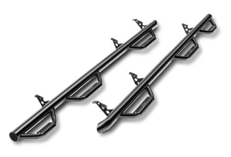 N-Fab Nerf Bar - Truck Wheel To Wheel D1992QC-6 Bed Access; With Drop Down Steps; With Bed Step; 3 Inch Round Bent; Black Gloss Textured Powder Coated Steel; Without End Caps; Rocker Panel Mount