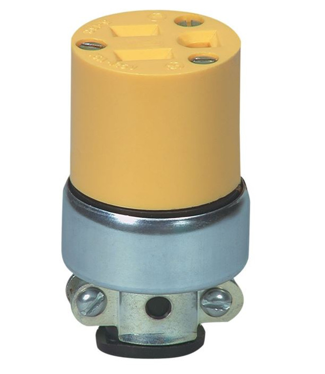 Heavy Duty 15Amp Vinyl Female End Power Cord Plug | Commercial Grade, Solid Brass Blades, Yellow