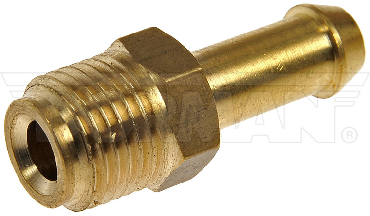 Dorman Fuel Line Fitting 785-400D OE Solutions; Inverted Flare Male Connector; Barbed End; 7/16-24 Thread Size; 1.17 Inch Length; Brass