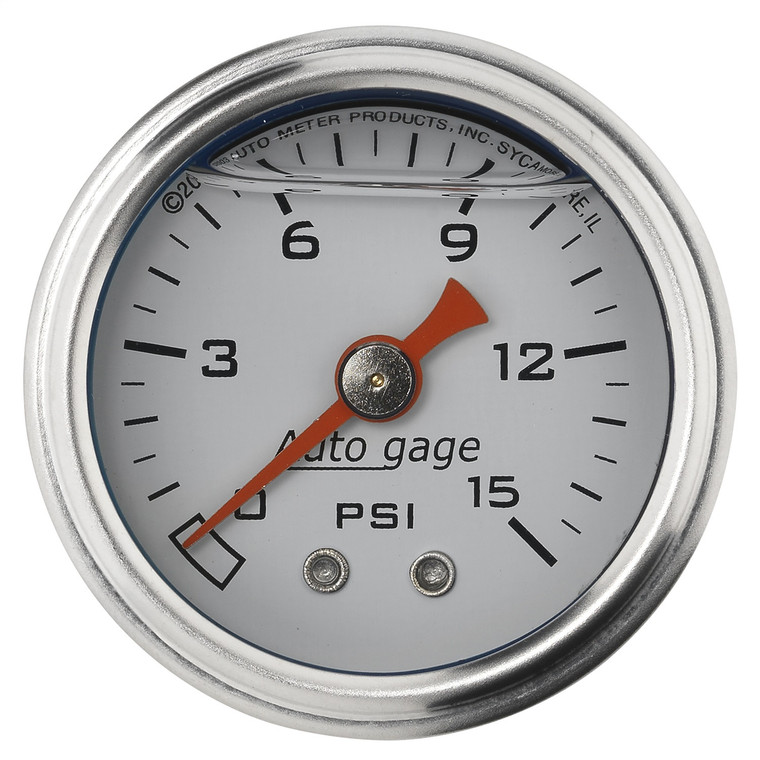 Rugged AutoMeter Fuel Pressure Gauge 0-15 PSI White Face/ Chrome Bezel - High Performance Bronze Bourdon Tube, Liquid Filled, Smooth Movement