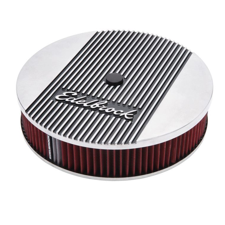 Edelbrock Elite Air Cleaner Assembly | 14 Inch Round, Polished Aluminum Top, Steel Base, Finned, Washable, Reusable, With Filter