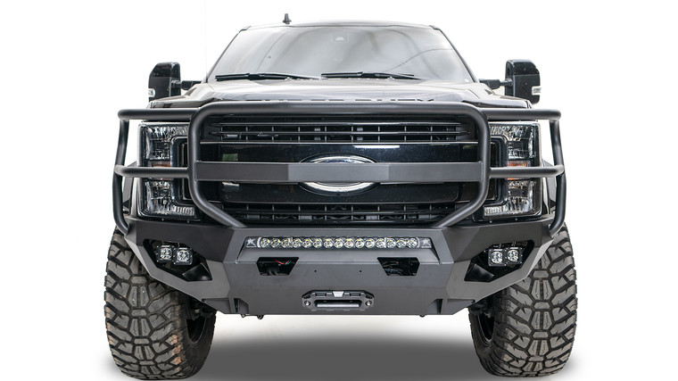 Fab Fours Matrix Series Bumper | Fits 2017-2022 Ford F-350 F-250 Super Duty | Aggressive Design, Increased Tire Clearance, Integrated Sensor Holes, Customizable, With Winch Mount and D-Rings