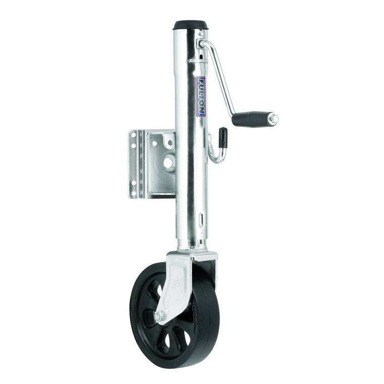 Fulton Trailer Tongue Jack XP15L 0101 Manual Round Sidewind Swivel Jack; 1500 Pound Lift Capacity; 12 Inch Travel; 13 Inch Retracted x 25 Inch Extended Height; 14.4 Inch Clearance; Bolt-On Mount; Zinc Plated; Clear; Steel; With Mounting Hardware