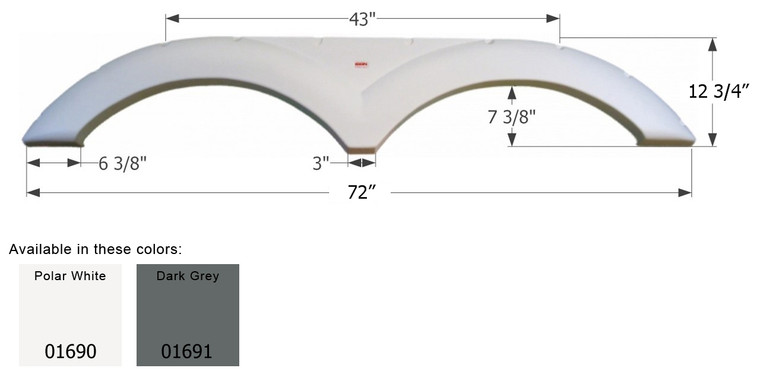 Icon Fender Skirt 01690 Tandem Axle; Fits Various Dutchmen Brands Including Adirondack/Sandpiper; 72 Inch Length x 12-3/4 Inch Height; Polar White; ABS Plastic; Tandem; Single; Use Measurements To Determine Proper Fitment Before Ordering