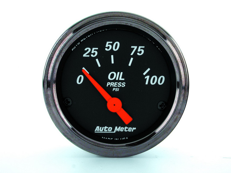 Upgrade with AutoMeter Designer Black Gauge | Electric Short Sweep Analog | 0-100 PSI | Black Face/Chrome Bezel/Orange Needle