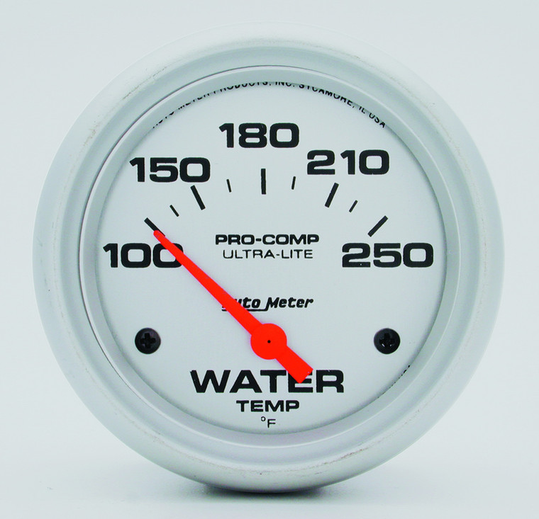 Ultra-Lite 2-1/16 Inch Water Temperature Gauge | Electric Analog 100-250 Degrees F | Silver Face Orange Needle