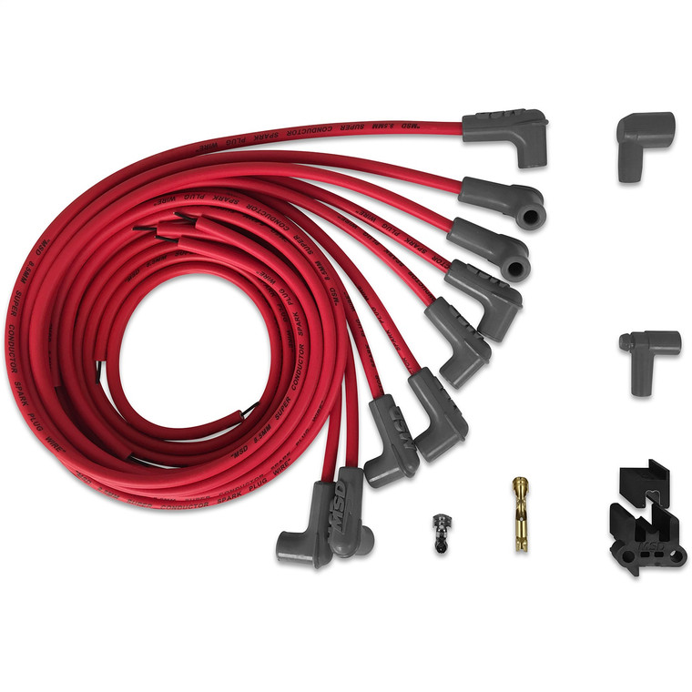 MSD Ignition Super Conductor Spark Plug Wire Set | Red Silicone and Synthetic Wires | Superior Spark and EMI Suppression | 90 Degree Boots | Fits 8 Cylinder Engines