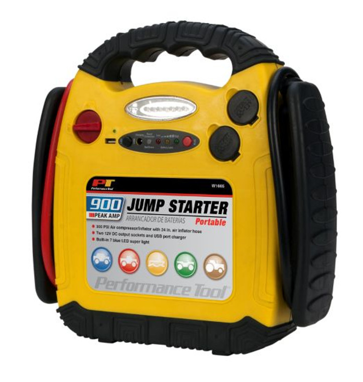 High-Power Jump Starter | 900 Peak Amps | 400 Cold Cranking Amps | 2 DC Outlets | 300 PSI Inflator