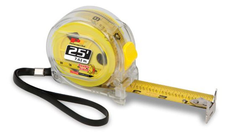 Performance Tool Tape Measure | 25ft Clear Housing, Double Sided Hook, Belt Hook & Wrist Strap