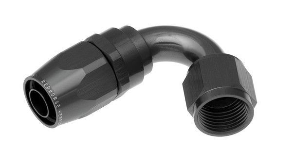 Enhance Race Performance with Redhorse -10 AN Hose End Fitting | 120 Degree Elbow, Anodized Black, Aluminum