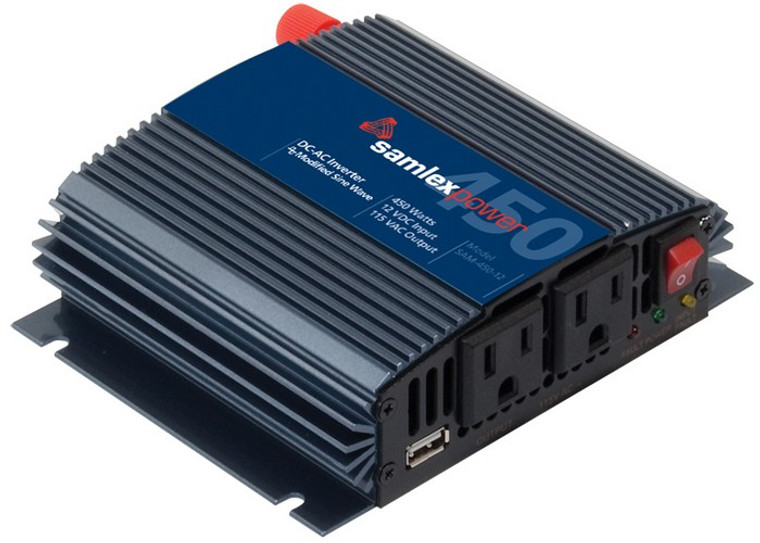Power Up Anywhere with SAM Series 450W Power Inverter | Converts 12V DC to 115V AC | 90% Efficiency | 2 AC Outlets | USB Charging Port | Compact Design | Thermal/Battery/Overload Protection | 2-Year Warranty