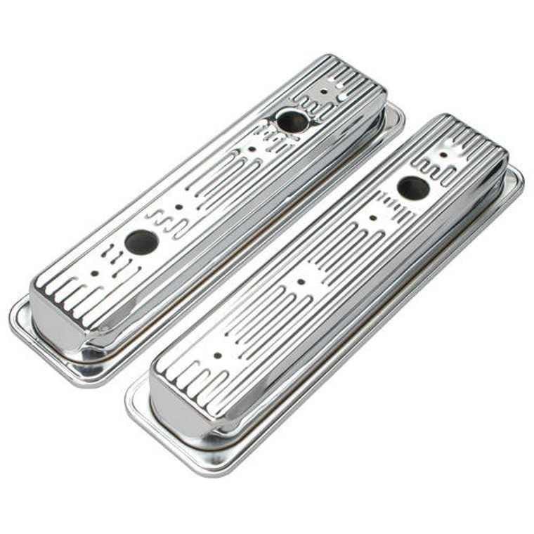 High-Quality Chrome Plated Chevy Small Block Valve Cover Set | Steel Construction | Oil Fill Hole & Baffle | Traditional Design | Set of 2