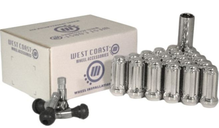 Chrome 5 Lug Wheel Installation Kit | Ex Long Acorn Lugs w/ Lug Nuts & Key