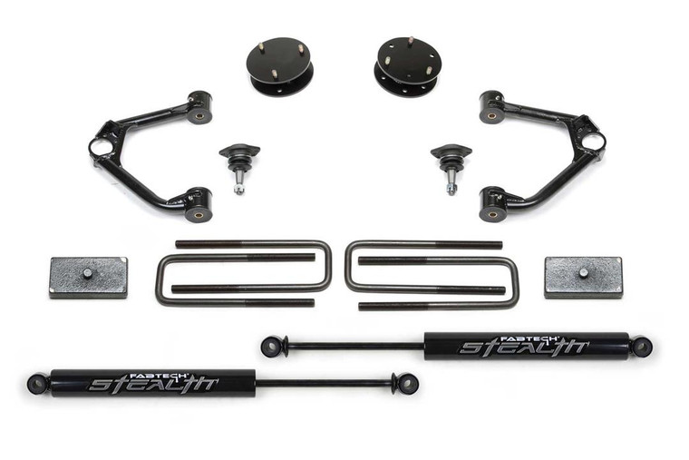 Fabtech Motorsports Lift Kit Suspension K1126M Stealth; 3-1/2 Inch Front Lift; 3-1/2 Inch Rear Lift; Black Components/Black Shock Absorbers; With Strut Spacers/Upper Control Arms/Rear Lift Blocks/U-Bolts/Installation Hardware