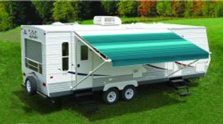 Carefree RV Fiesta Awning | Ocean Blue Dune Stripe Vinyl | Remote Lock | Wrinkle-Free | Durable | Easy Operation