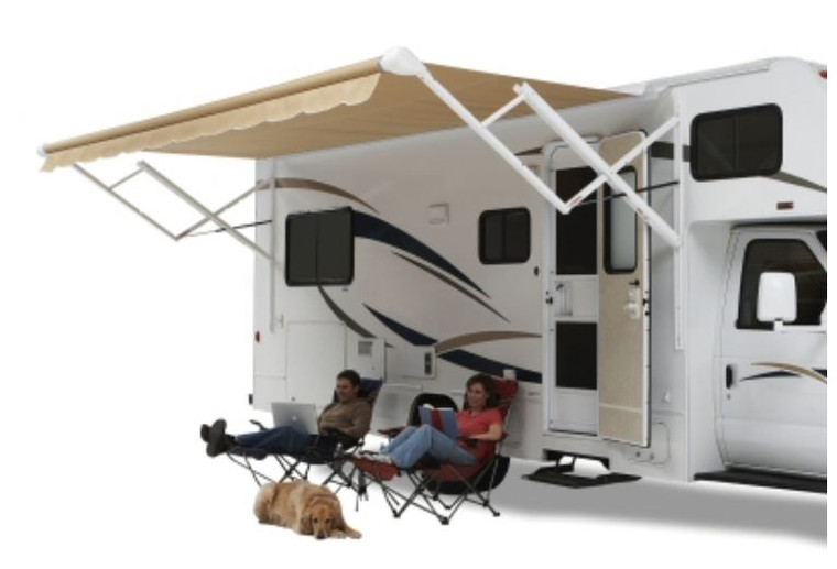 Luxurious Camel Shale Fade RV Awning | Springless Vinyl | Adjustable Pitch