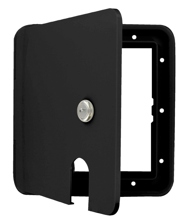 Valterra Electrical Cord Hatch | For 6.4x6.8 Inch Cutout | Accepts Up To 50 Amp Cord | Black Plastic | Lockable