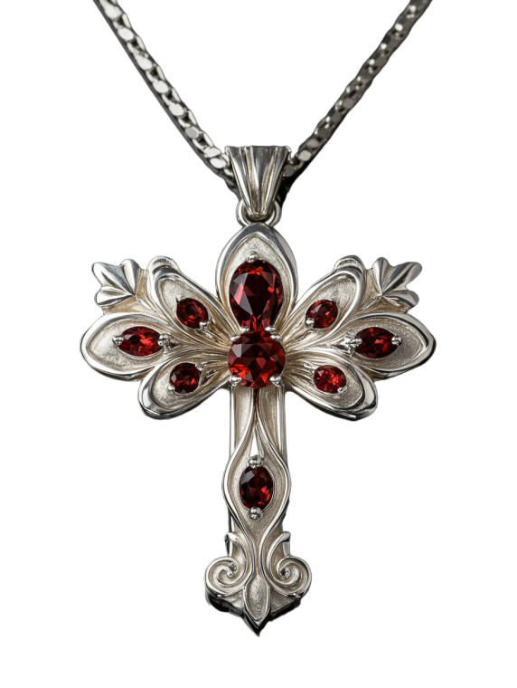 Silver Cross Red Gemstones Butterfly Vinyl Car Decal Sticker – Waterproof & UV-Resistant 4.11"