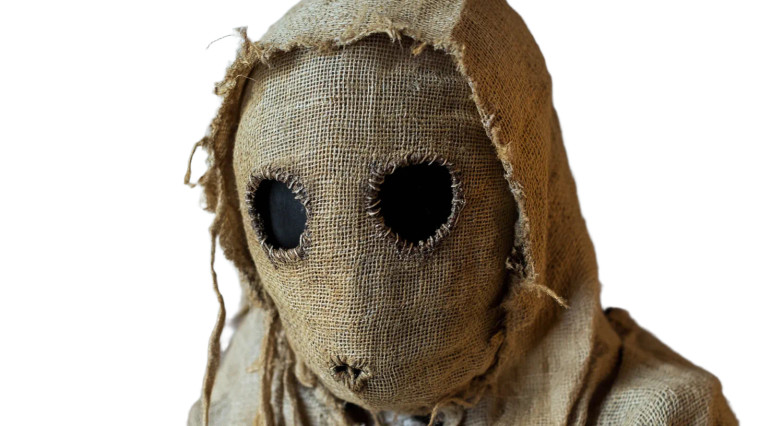 Creepy Burlap Sack Mask Vinyl Car Decal Sticker – Waterproof & UV-Resistant 7.14"