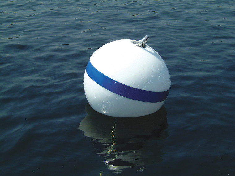Taylor Made Mooring Buoy 46371 Sur-Moor; 15 Inch Diameter/47 Inch Circumference; 2 Inch Tube-Through-Center Diameter; White With Blue Stripe; Closed Cell Foam Core With Polyethylene Shell; Blue Reflective Stripe For Night Time Visibility
