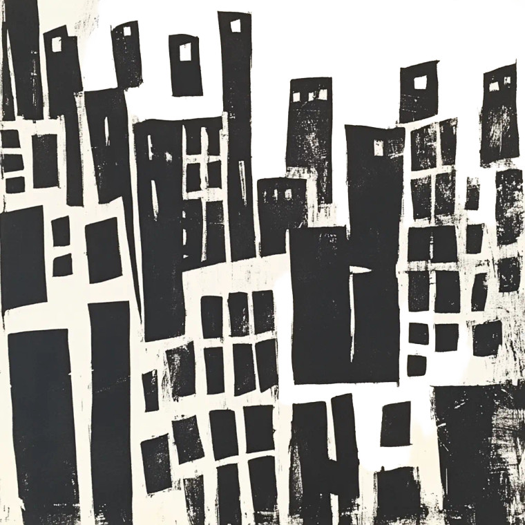 Monoprint Woodblock City Cubist Vinyl Car Decal Sticker – Waterproof & UV-Resistant 4.0"
