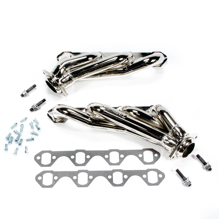 Fits 1986-1993 Ford Mustang BBK Performance Parts Exhaust Header 1515 CNC Series; Chassis Exit; 1-5/8 Inch Diameter Short Unequal Length Primary Tubes; 3 Inch Diameter Collector With 2-3/8 Inch Opening; 3/8 Inch Thick Head Flange