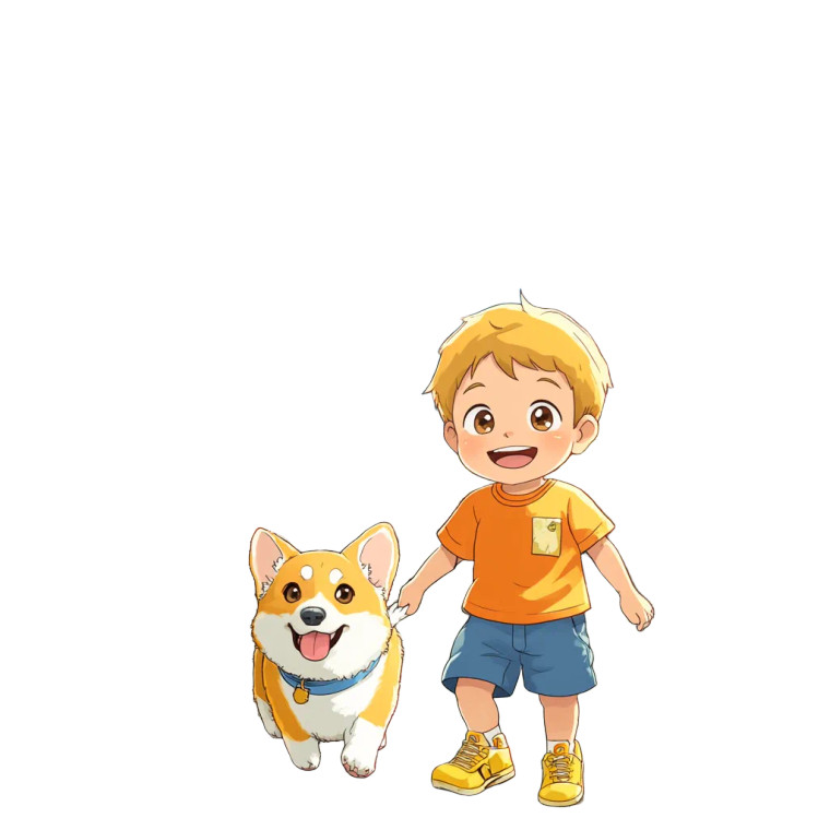 Cheerful Boy Walking Corgi Vinyl Car Decal Sticker – Waterproof & UV-Resistant 8"