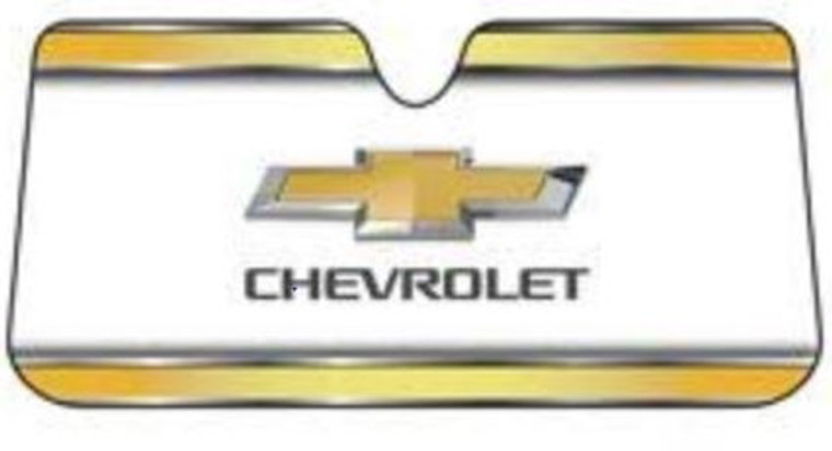 Plasticolor Windshield Shade 003737R01 Elite Series; Removable Accordion Fold; Universal 27.5 Inch x 58 Inch; For Full Windshield; Chevrolet Logo; Gold/White; Uses Sun Visors To Hold In Place
