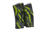 Custom Cerakote AR-15 PMAG featuring Tiger Stripe camouflage with black, gray, and Ion Surge green accents.