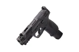 Smith & Wesson M&P 2.0 Carry Comp Performance Center Optics Ready 9mm displayed on a clean white studio backdrop, showcasing the factory ported 4.22-inch barrel, optics-ready slide, Performance Center enhancements, aggressive slide serrations, and premium factory finish.